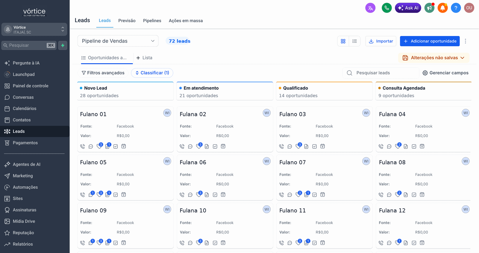 Painel do Vórtice: pipeline de leads por etapa