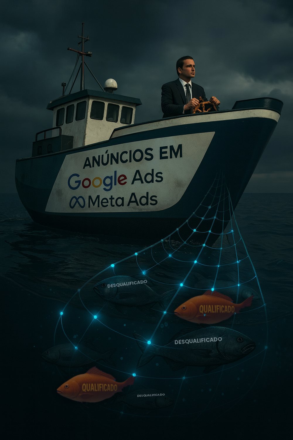 Barco de anúncios em Google Ads e Meta Ads recolhendo a rede com leads qualificados e desqualificados
